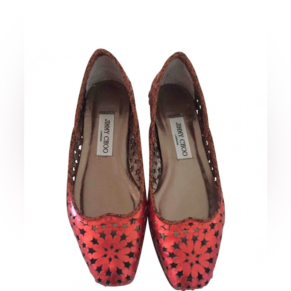 Jimmy Choo Red Flats with Intricate Cutout Design